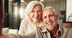Senior, happy couple or portrait with selfie in home for photography, memory or picture together. Elderly, man and woman with smile or POV for capture moment, post or social media in retirement house