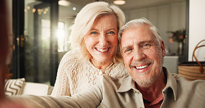 Buy stock photo Senior, happy couple or portrait with selfie in home for photography, memory or picture together. Elderly, man and woman with smile or POV for capture moment, post or social media in retirement house