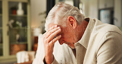 Buy stock photo Thinking, headache and man in home with decision, divorce or issue in marriage affair. Conflict, stress or mature male person in living room with migraine, choice and reflection on legal separation.