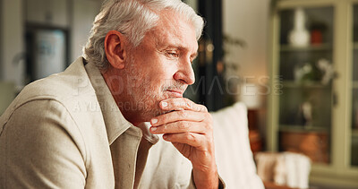 Buy stock photo Old man, thinking and nostalgia in home with Alzheimer disease, memory loss and contemplation. Thoughtful, elderly and senior person in apartment with dementia, reflection and daydreaming about past.