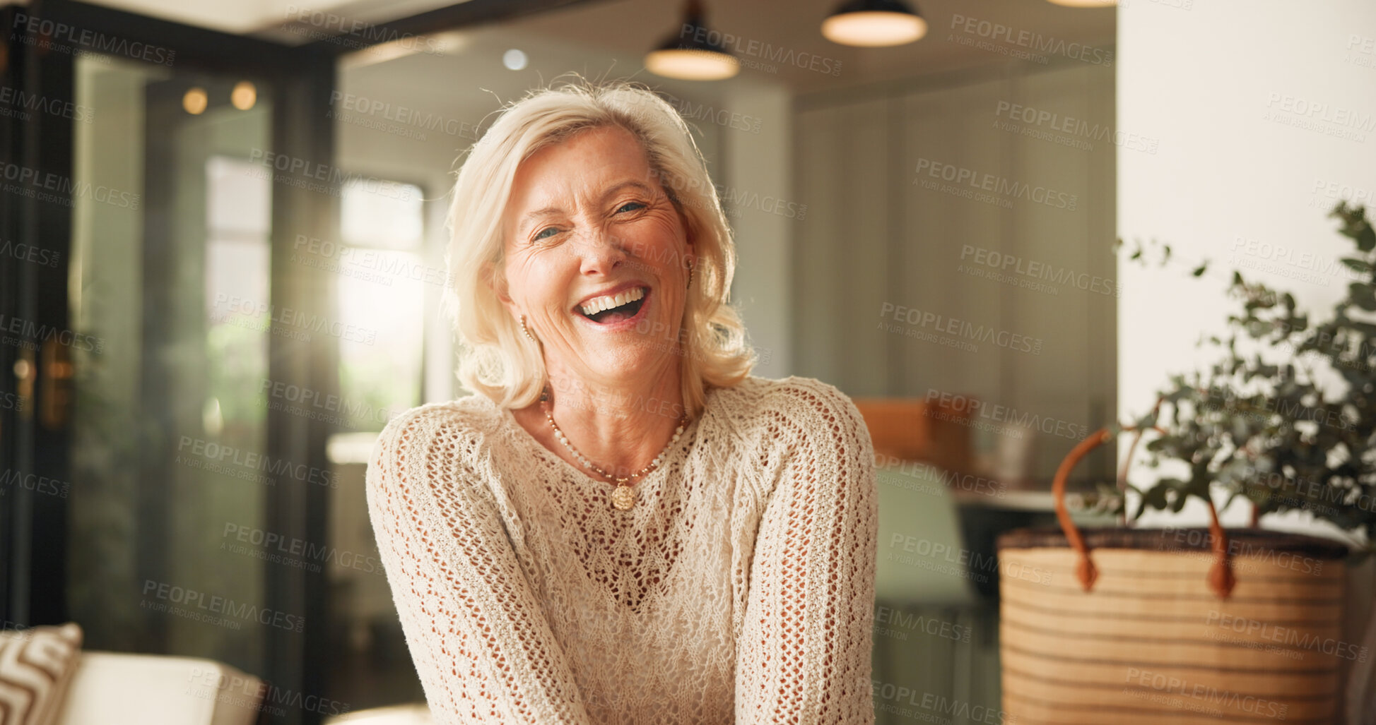 Buy stock photo Relax, laughing and portrait of old woman in home or lounge for retirement, peace and confidence. Happiness, calm and weekend break with senior person in living room of apartment for funny joke