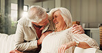 Hug, laughing and relax with old couple in living room of home together for break or wellness. Bonding, funny and moment with happy senior people embracing in apartment for me time or retirement