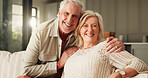 Hug, portrait and relax with old couple in living room of home together for break or wellness. Love, security and smile with happy senior people in apartment for bonding, me time or retirement