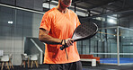 Padel, sports and hands of man ready for game, tournament and competition on indoor court. Tennis, senior athlete and person with racket for training, exercise and workout for challenge and fitness