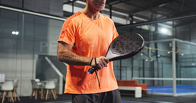Buy stock photo Padel, sports and hands of man ready for game, tournament and competition on indoor court. Tennis, senior athlete and person with racket for training, exercise and workout for challenge and fitness