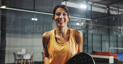 Buy stock photo Padel, sports and portrait of woman on court for game, match and training for challenge. Indoor, happy and mature person with racket for workout, exercise and fitness for tennis, practice and hobby