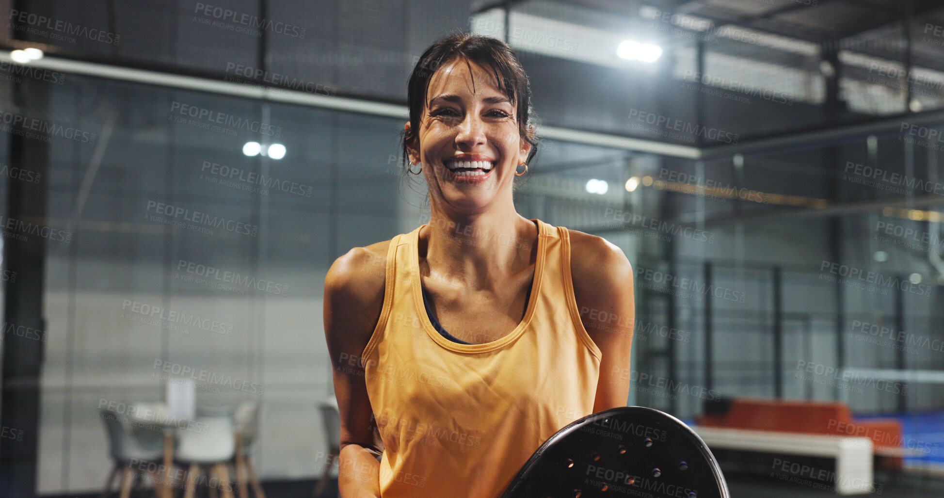 Buy stock photo Padel, sports and portrait of woman on court for game, match and training for challenge. Indoor, happy and mature person with racket for workout, exercise and fitness for tennis, practice and hobby