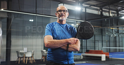 Buy stock photo Padel, fitness and portrait of mature man for game, match and training for challenge. Indoor court, happy and senior person with racket for workout, exercise and sports for tennis, practice and hobby