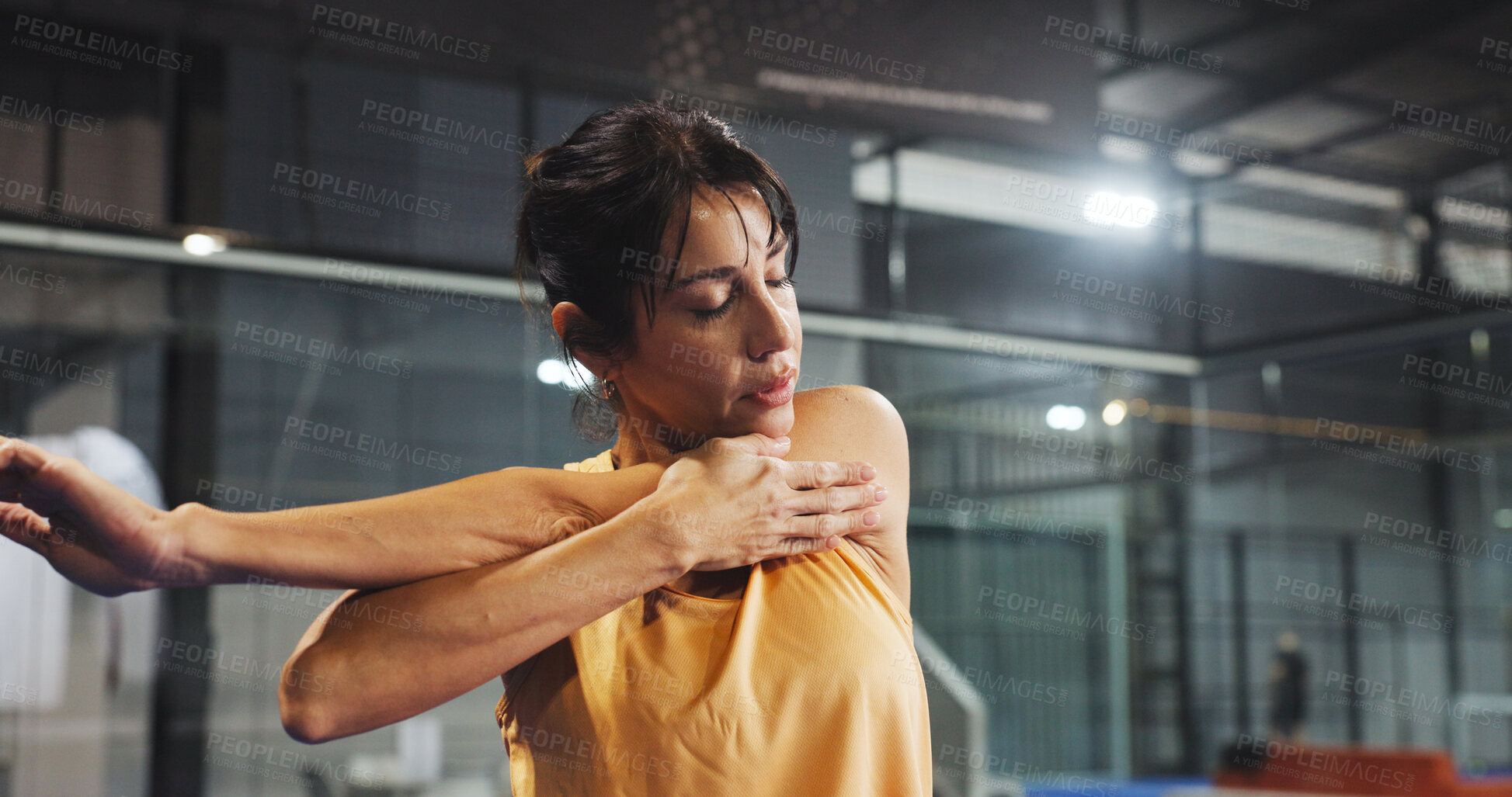 Buy stock photo Stretching, athlete and woman on court, tennis and competition preparation with warm up and wellness. Padel player, fitness and mature person with routine for match, endurance and practice for sport