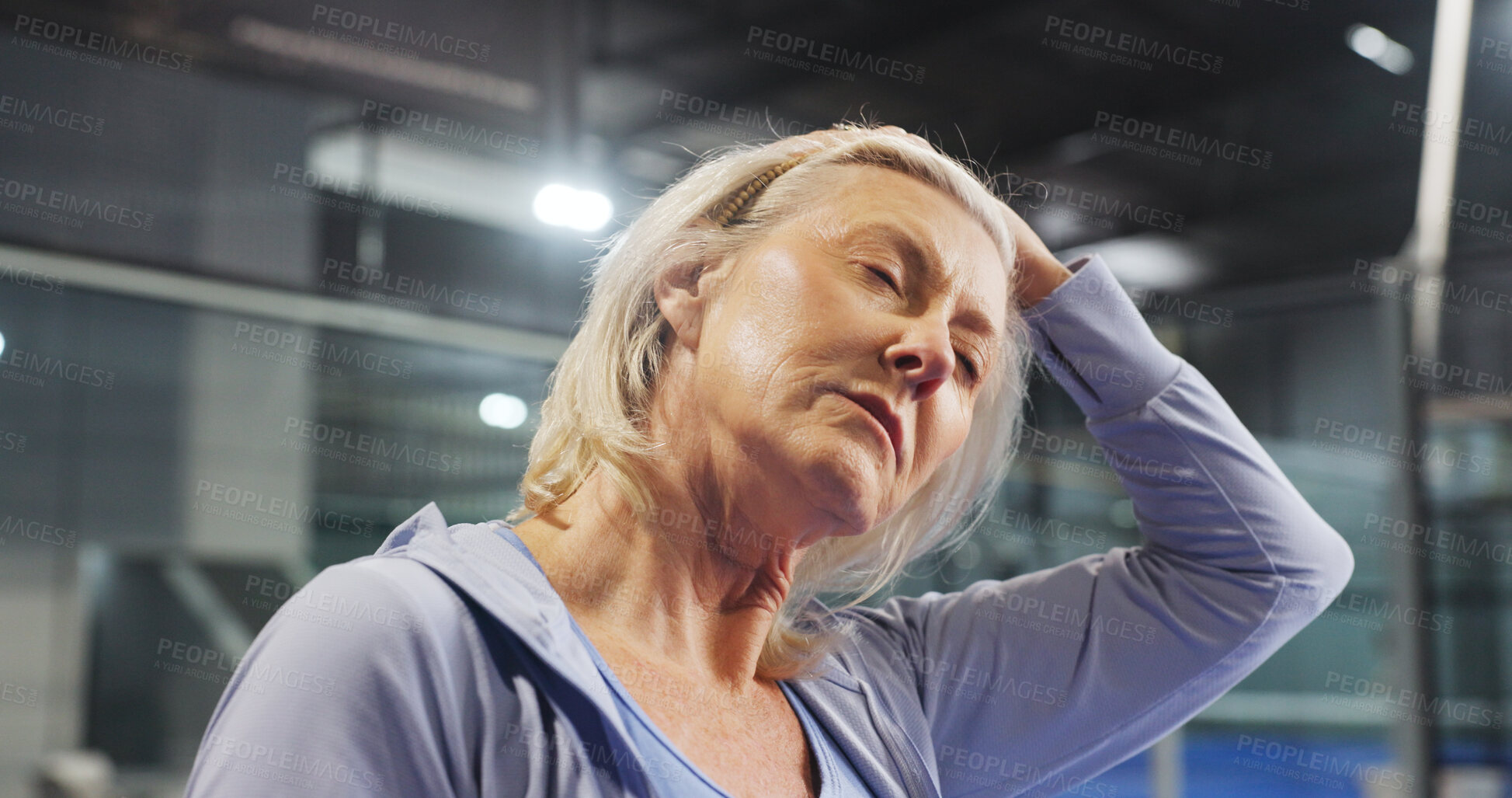 Buy stock photo Padel, sports and mature woman stretching to prepare for game, match and competition. Indoor court, fitness and senior person warm up for exercise, workout and training for practice, health or tennis