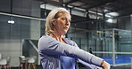 Padel, exercise and mature woman on court stretching to prepare for game, match and competition. Indoor, sports and person warm up for fitness, workout and training for practice, health and tennis