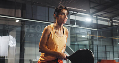 Buy stock photo Padel, sports and woman ready for game, tournament and competition on indoor court. Tennis club, athlete and person with racket for training, exercise and workout for challenge, practice and fitness