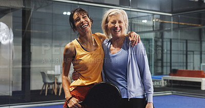 Buy stock photo Padel, sports and portrait of women hug for game, match and training for challenge. Indoor court, happy and mature people with racket for workout, exercise and fitness for tennis, practice and hobby