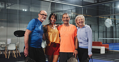 Buy stock photo Padel, hug and portrait of people on court for tournament club, challenge and support. Happiness, fitness team and sports athlete with mature couple of friends on turf for training, smile and game