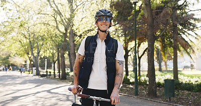 Buy stock photo Courier, bike and portrait with man in park for package distribution, carbon footprint and shipping. Eco friendly transport, cycling and ecommerce parcel with person outdoor for export and cargo