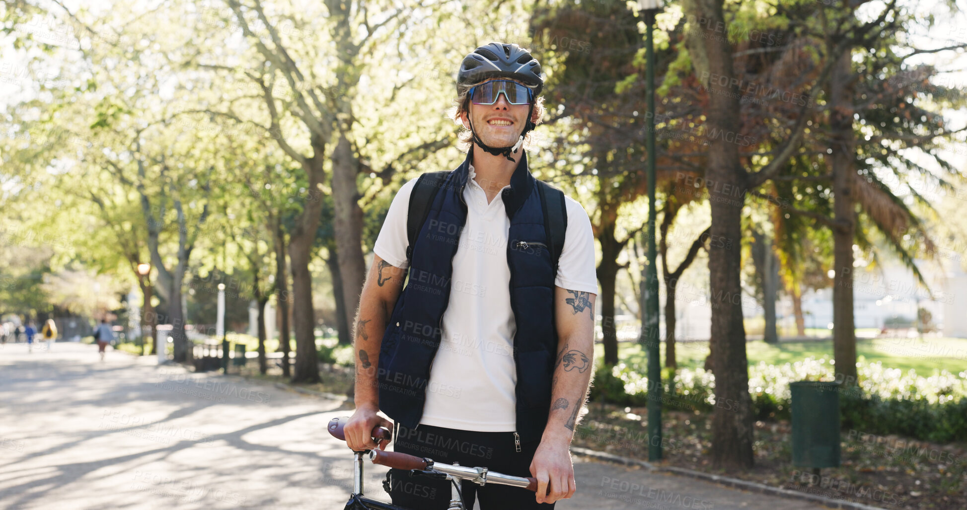 Buy stock photo Courier, bike and portrait with man in park for package distribution, carbon footprint and shipping. Eco friendly transport, cycling and ecommerce parcel with person outdoor for export and cargo