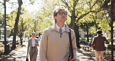 Buy stock photo Thinking, travel and business man in park for reflection, memory and vision on journey. Glasses, commute and opportunity with person and idea outdoor for mindset, professional development and peace