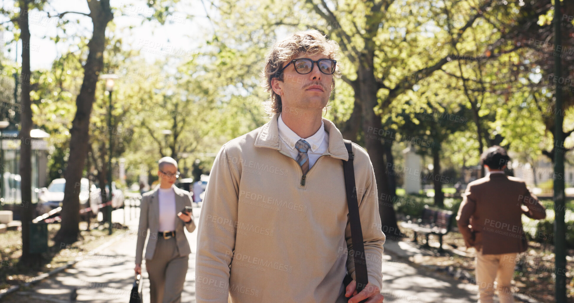 Buy stock photo Thinking, travel and business man in park for reflection, memory and vision on journey. Glasses, commute and opportunity with person and idea outdoor for mindset, professional development and peace