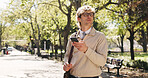 Phone, search and business man in park for communication, social media and navigation. Commute, networking app and connection with person and mobile outdoor for professional, trip route and travel