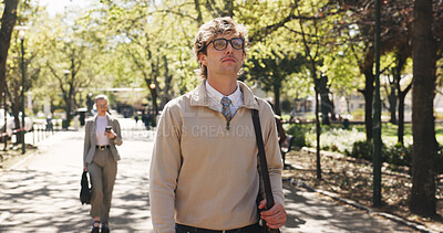 Buy stock photo Vision, walking and business man in park for reflection, memory and thinking on journey. Pride, commute and opportunity with person and idea outdoor for mindset, professional development and peace