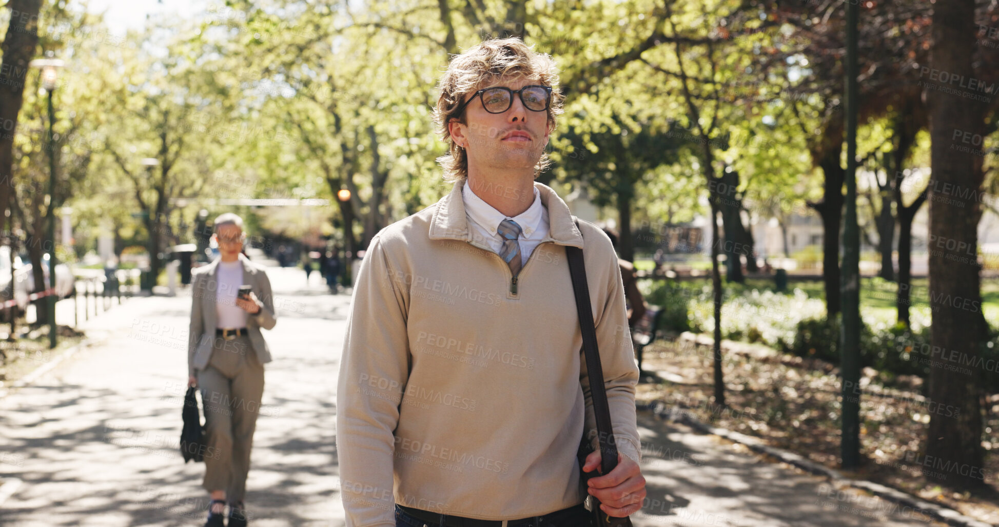 Buy stock photo Vision, walking and business man in park for reflection, memory and thinking on journey. Pride, commute and opportunity with person and idea outdoor for mindset, professional development and peace
