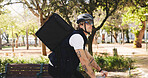 Travel, bike and delivery with man in park for package distribution, carbon footprint and shipping. Eco friendly transport, cycling and ecommerce parcel with person outdoor for export and cargo