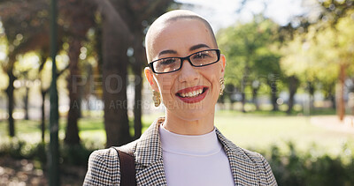 Buy stock photo Business, portrait and woman with smile, outdoor and confidence with glasses, traveling and pride. Happiness, employee and person with eyewear, clear vision and commute with routine in Denmark