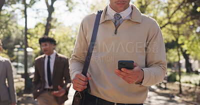 Buy stock photo Phone, hands and business man in park for communication, social media and email search. Commute, networking app and connection with person and mobile outdoor for professional, contact and travel