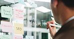 Branding, writing or sticky notes on glass wall for business growth, seo plan or target audience ideas. Digital marketing, increase awareness or man at board for campaign project, strategy or goals