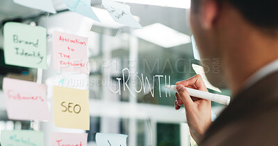 Buy stock photo Branding, writing or sticky notes on glass wall for business growth, seo plan or target audience ideas. Digital marketing, increase awareness or man at board for campaign project, strategy or goals