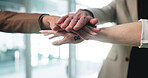Hand stack, meeting or team in office with motivation, good news or positive feedback in teamwork. Business, approval or employees in workplace with support, collaboration or achievement in synergy.