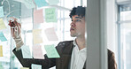 Branding, man writing or sticky notes on glass wall for advertising, kpi plan or target audience trends. Digital marketing, awareness strategy or employee at board for campaign project, ideas or goal
