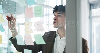 Buy stock photo Branding, man writing or sticky notes on glass wall for advertising, kpi plan or target audience trends. Digital marketing, awareness strategy or employee at board for campaign project, ideas or goal