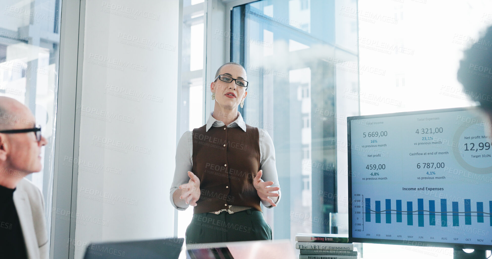 Buy stock photo Presentation, screen or businesswoman in office with proposal, stats review and plan for b2b strategy. People, talking and pitch with tech for profit generation idea, financial investment and graphs.