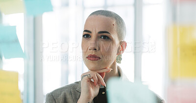 Buy stock photo Brainstorming, glass wall and thinking with business woman in office for solution or strategy. Mind map, planning and sticky notes with corporate employee in workplace for project management