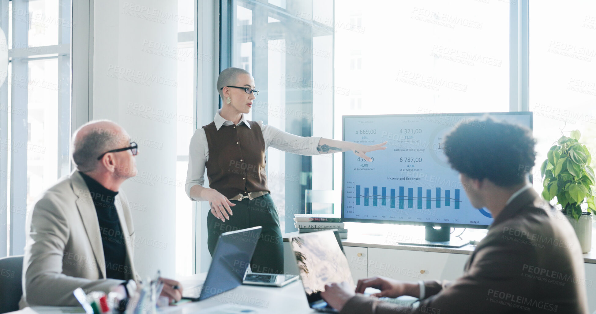 Buy stock photo Presentation, screen or businesswoman in office with pitch, statistics review or plan for finance strategy. People, talk or point with tech for profit growth, financial investment proposal or graphs.