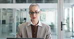 Mature woman, computer and review at office, glasses or proposal for deal at finance company. Person, broker and advisor with pc for asset management, stock or market research at investment agency