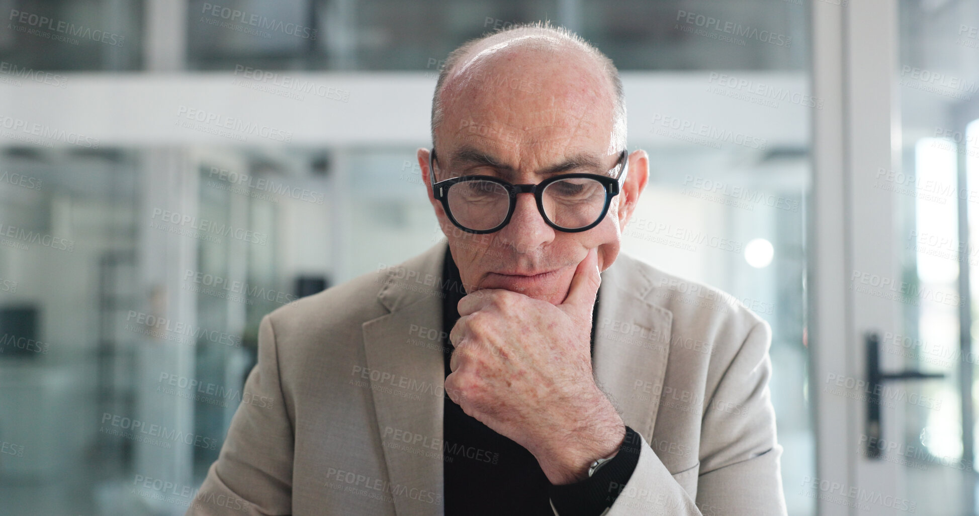 Buy stock photo Thinking, vision and business man in office for planning, reflection and investor insight. Broker solution, mindset and memory with mature person in agency for perspective, brainstorming and decision