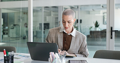 Buy stock photo Laptop, writing and notebook with business woman in office for insurance broker, risk assessment and research. Planning, premium policy and reminder with person in agency for claims coverage payout