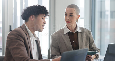 Buy stock photo Conversation, planning and tablet with business people in office for development or feedback. App, collaboration and review with corporate employee team at desk in workplace for project management