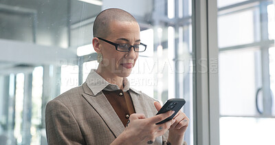 Buy stock photo Phone, glasses and businesswoman in office with networking, communication or email for finance project. Technology, scroll and financial manager with company cellphone for contact on investment deal.