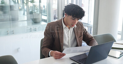 Buy stock photo Laptop, documents and review with business man in office for insurance broker, risk assessment and research. Planning, premium policy and underwriter with person in agency for claims coverage payout