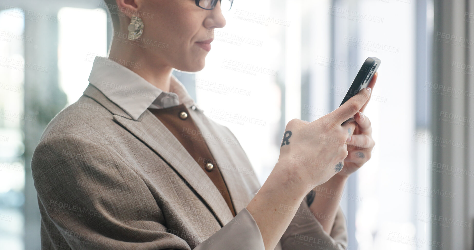 Buy stock photo Phone, hands and businesswoman in office with networking, communication or email for finance project. Technology, scroll and financial manager with company cellphone for contact on investment deal.