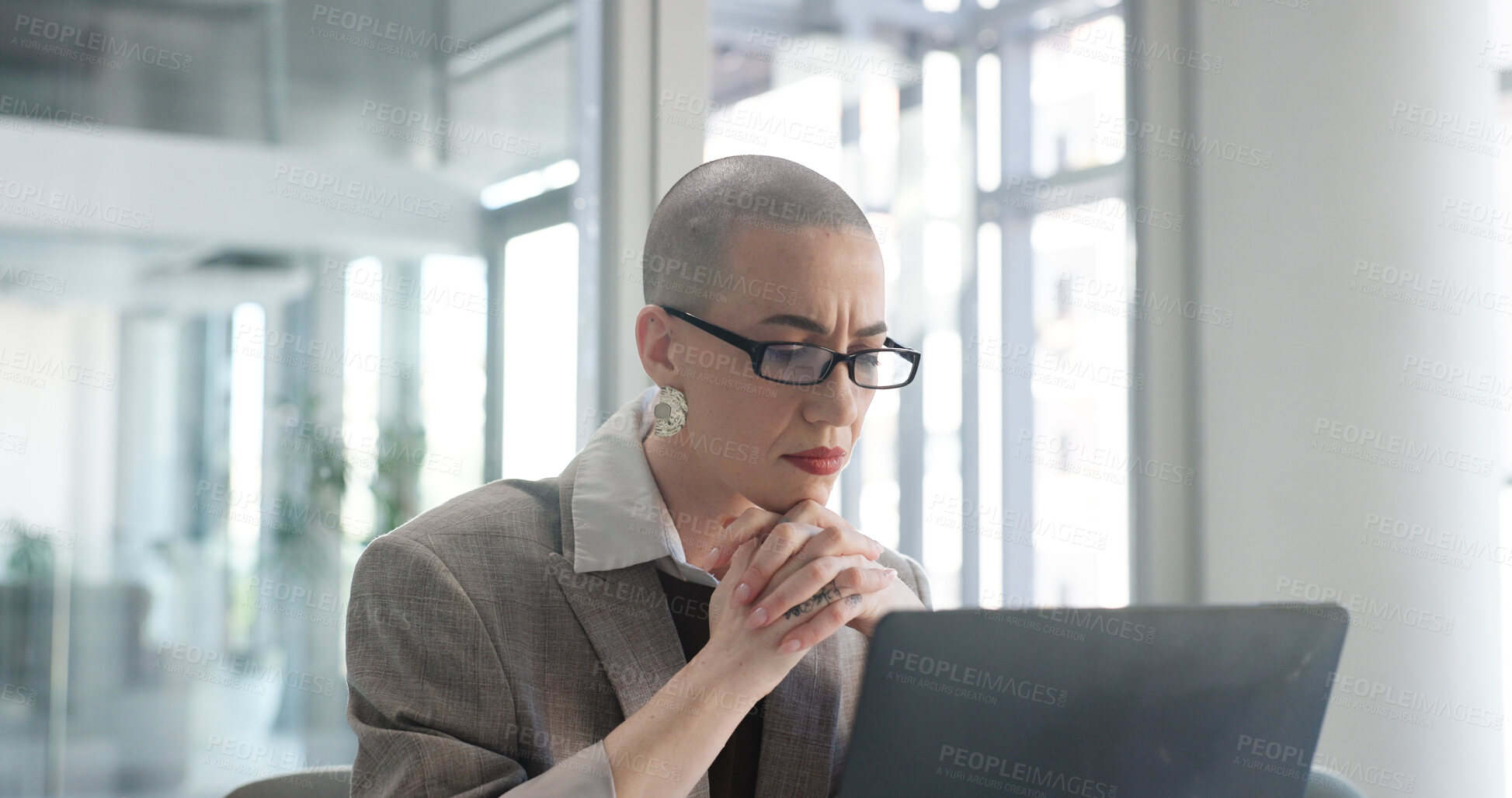 Buy stock photo Business, woman and vision with laptop in office for research, planning and finance report. Accountant, thinking and pc for financial audit, review budget and problem solving for investment proposal