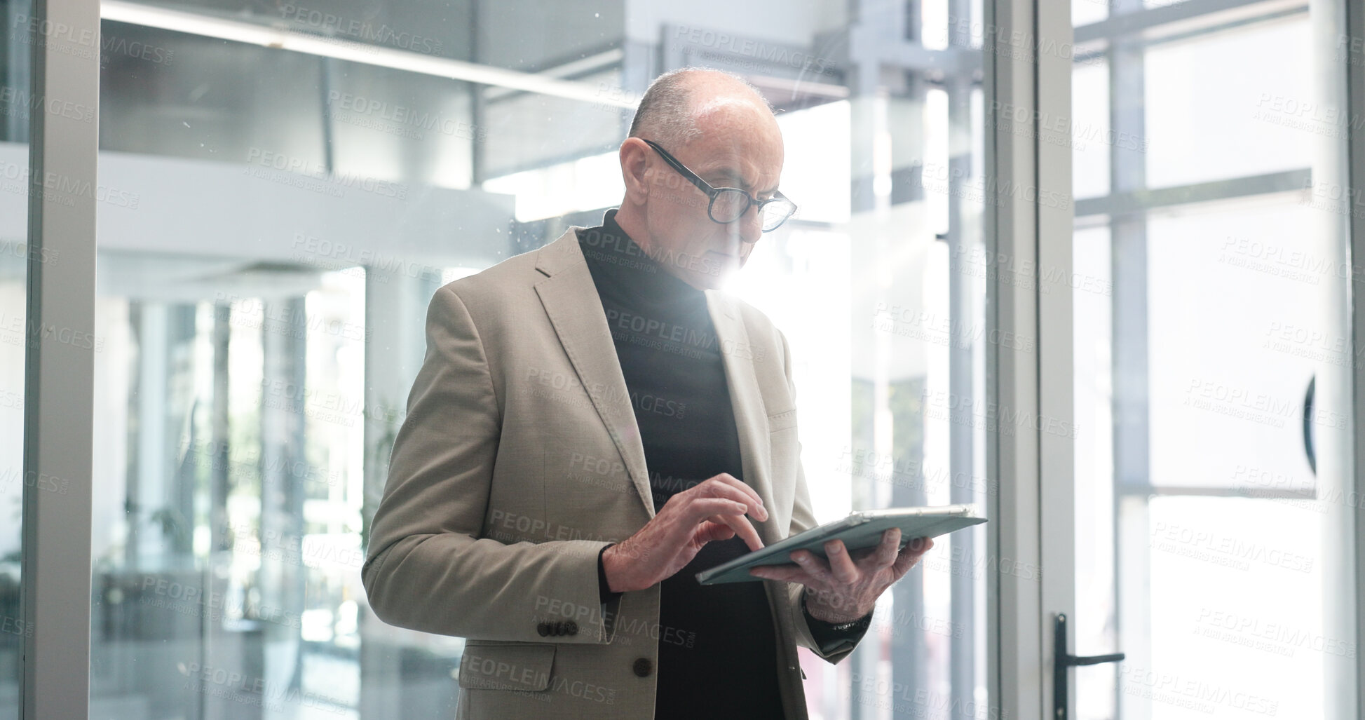 Buy stock photo Tablet, research and businessman in office with email, communication or contact for finance deal. Digital technology, networking and financial investor checking stock market for investment proposal.