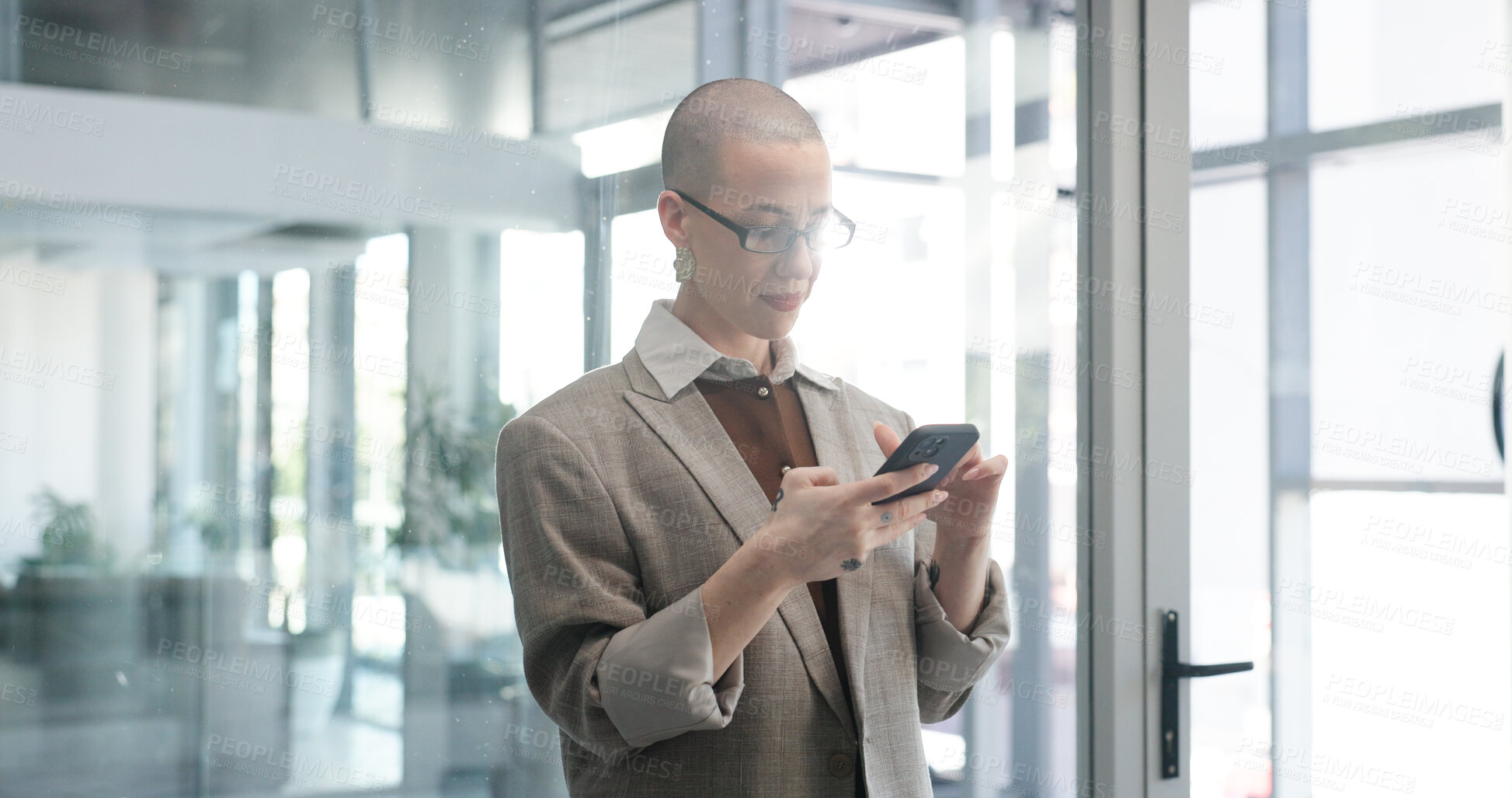 Buy stock photo Cellphone, hands and businesswoman in office with networking, communication or email for finance report. Technology, scroll and financial manager with company phone for contact on investment deal.