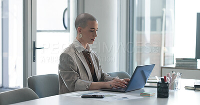 Buy stock photo Laptop, typing and reading with business woman in office for insurance broker, risk assessment and research. Planning, premium policy and underwriter with person in agency for claims coverage payout