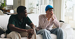 Support, worry and friends on sofa with conversation, comfort and understanding during relationship issue. Mental health, stress or men in house with help, empathy or advice in cheating mistake.