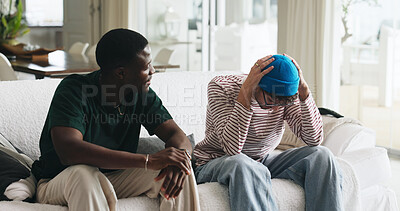 Buy stock photo Support, stress and friends on sofa with conversation, comfort and understanding in discussion together. Mental health, anxiety or men in house with help, empathy or advice in emotional communication