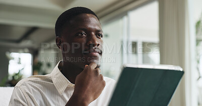 Buy stock photo Planning, tablet and black man on sofa in home with ideas for university application in living room. Digital technology, thinking and African male student with problem solving for college tuition.